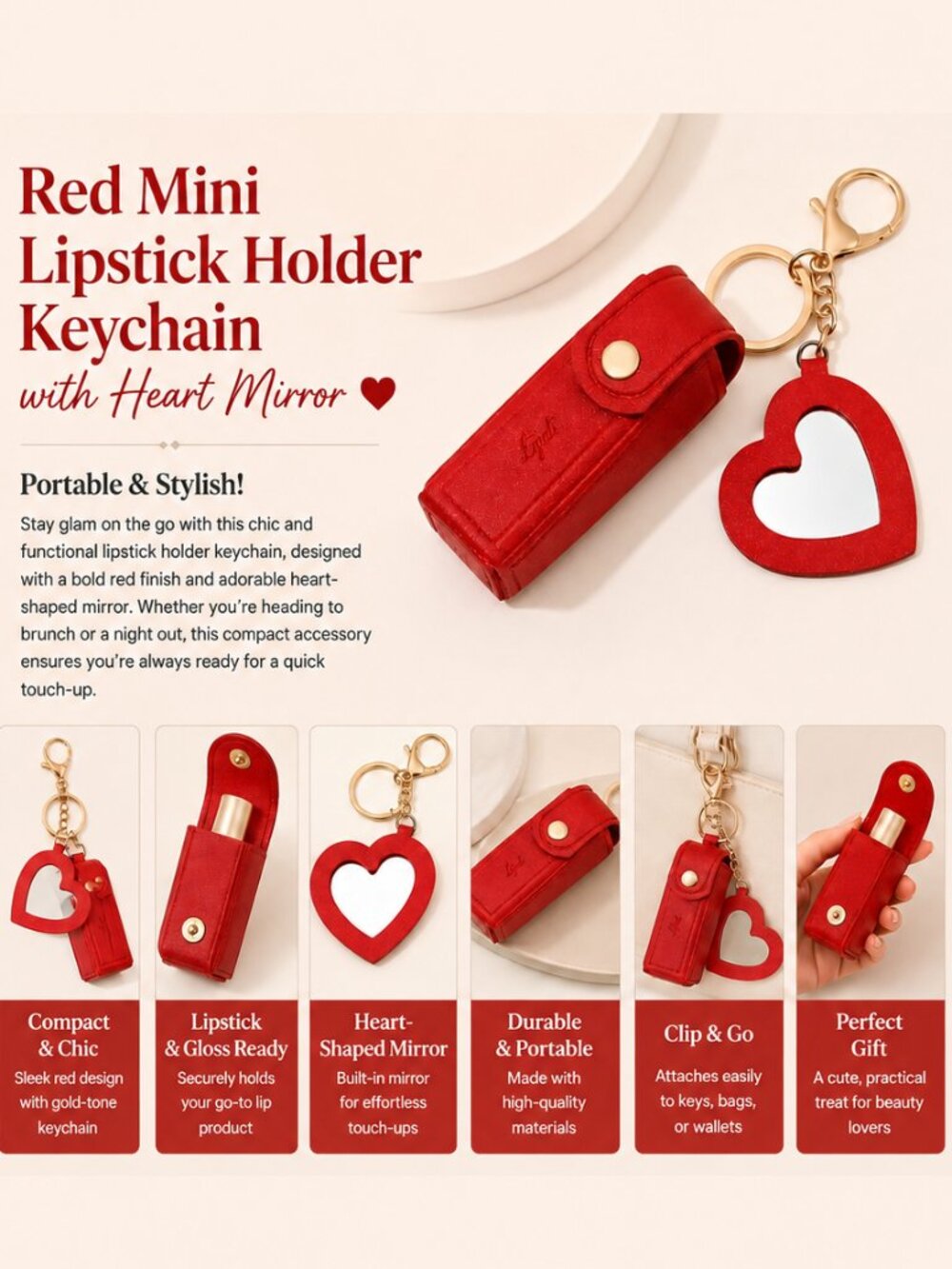Red Mini Lipstick Holder Keychain Heart Mirror Makeup Bag Charm Cosmetic Case - Picture 4 of 5